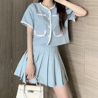 Short-sleeve Buttoned Blouse / Pleated A-line Mini Skirt