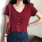 Short-sleeve Ribbed Button-up Knit Top