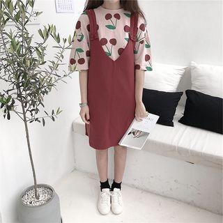 Set: Elbow-sleeve Cherry Print T-shirt + Pinafore Dress