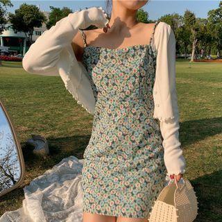 Spaghetti Strap Floral Mini A-line Dress / Plain Cropped Cardigan