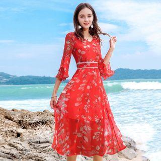 Floral V-neck 3/4-sleeve Midi Chiffon Dress
