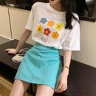 Short-sleeve Floral Print T-shirt / Mini A-line Skirt