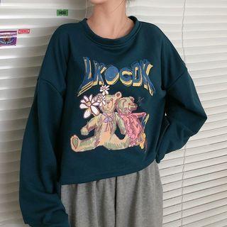 Long-sleeve Cartoon Bear Print Cropped T-shirt