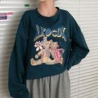 Long-sleeve Cartoon Bear Print Cropped T-shirt