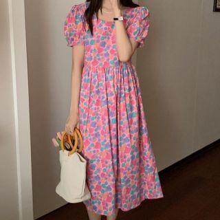 Short-sleeve Printed Midi Smock Dress Pink - One Size