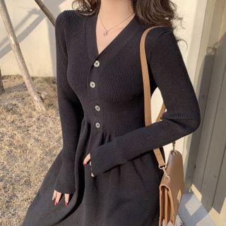 V-neck Long-sleeve A-line Knit Dress Black - One Size