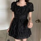 Balloon-sleeve Floral Shirred A-line Dress
