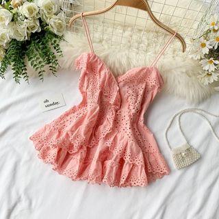 Cutout Lace Asymmetrical Ruffle Suspender Top