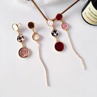 Non-matching Fabric Disc & Rhinestone Dangle Earring