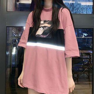 Elbow-sleeve Print Reflexive Panel T-shirt