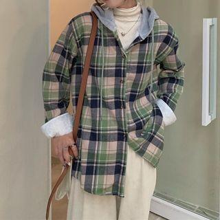 Plaid Panel Button-up Hoodie