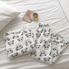 Set: Panda Print Long-sleeve Top + High-waist Pants White - One Size