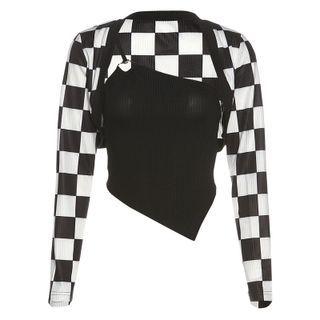 Set: Plaid Long-sleeve Shrug Top + Asymmetrical Hem Cropped Camisole Top