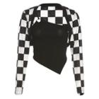 Set: Plaid Long-sleeve Shrug Top + Asymmetrical Hem Cropped Camisole Top