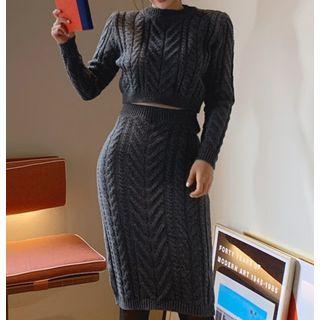Long-sleeve Cable Knit Midi Dress Gray - One Size