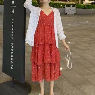 Sleeveless Layered Pleated Glitter Dress / Long-sleeve Printed Cardigan
