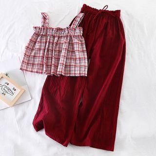 Set: Plaid Tank Top + High-waist Wide-leg Pants