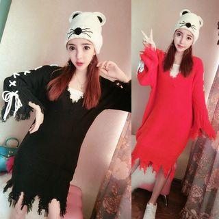 Distressed V-neck Long Sleeve Knit Dress