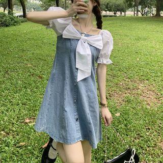Short-sleeve Bow Denim Mini A-line Dress