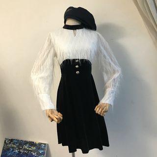 Puff-sleeve Fringed Panel A-line Dress