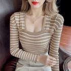 Long-sleeve Square-neck Striped Slim-fit Knit Top