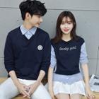 Couple Matching Striped Mock Two-piece Pullover