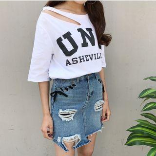 Distressed Lace-up Denim Skirt