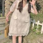 Set: Lace Midi Shift Dress + Bucket Hat Set Of 2 - Dress & Hat - White & Blue - One Size