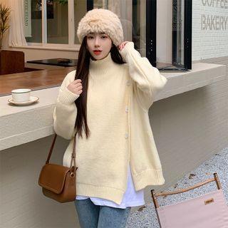 Turtleneck Plain Button-up Oversize Sweater