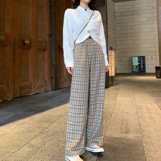 Long-sleeve Shirt / Plaid Wide-leg Pants
