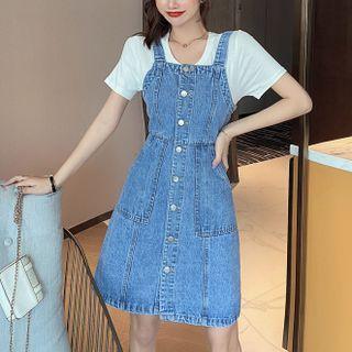 Denim Mini A-line Overall Dress / Short-sleeve T-shirt