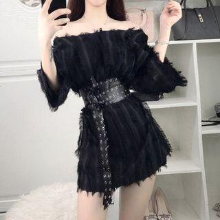 Elbow-sleeve Furry Mini Dress