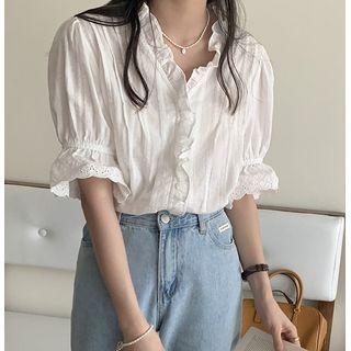 V-neck Ruffle Trim Blouse Off-white - One Size