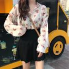 Long-sleeve Floral Printed Blouse / High-waist Pleated A-line Skirt