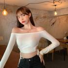 Off-shoulder Long-sleeve Tie-strap Cropped T-shirt