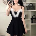 Furry Trim Strappy Mini A-line Party Dress