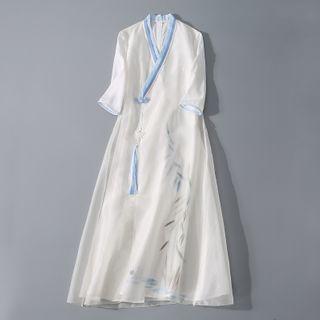 Traditional Chinese Elbow-sleeve Printed Maxi Dress