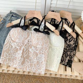 Ribbon-accent Lace Halter Top In 5 Colors