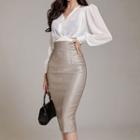 V-neck Chiffon Blouse / Slit Faux Leather Pencil Skirt