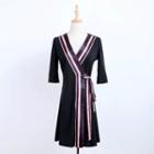 Striped Wrap Front Elbow-sleeve Dress