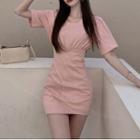 Short-sleeve Corset Mini Sheath Dress Pink - One Size