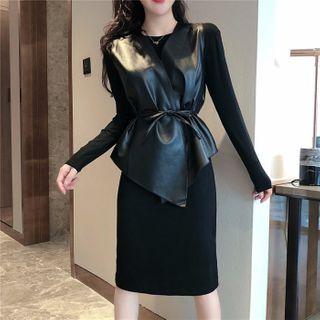 Set: Long-sleeve A-line Dress + Tie-front Vest