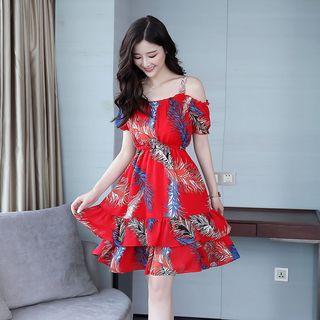 Feather Print Cold Shoulder A-line Dress