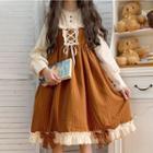 Puff-sleeve Lace-up Striped Midi A-line Dress