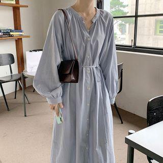 Balloon-sleeve Tie-waist Maxi A-line Dress