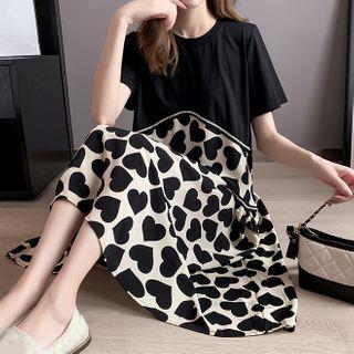 Short-sleeve Heart Print A-line Midi Dress Black - One Size