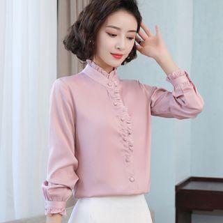 Ruffle Trim Mock-neck Henley Blouse