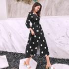 Elbow-sleeve Dotted Midi A-line Wrapped Dress