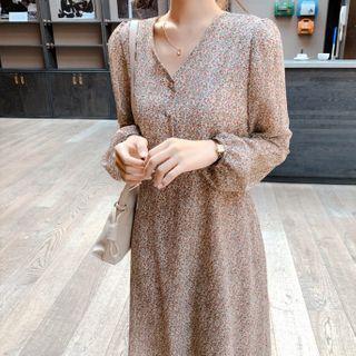 Long-sleeve Floral Chiffon Buttoned A-line Midi Dress
