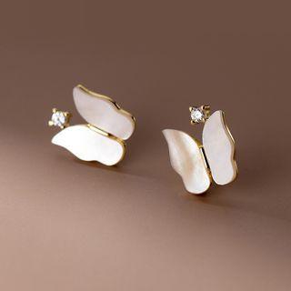 Rhinestone Butterfly Stud Earring 1 Pair - S925 Silver - Off-white - One Size